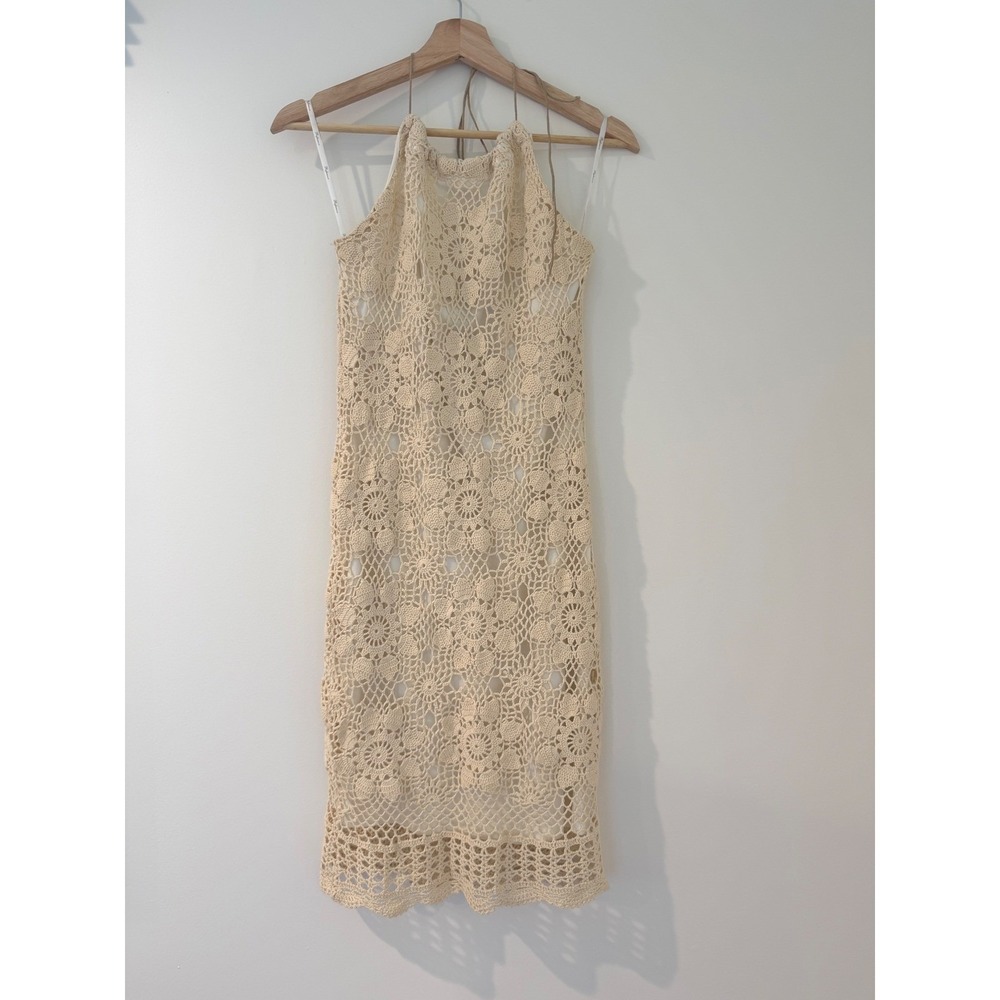 Reference Cotton Beige Crochet Halter Dress Fully Lined Size Large